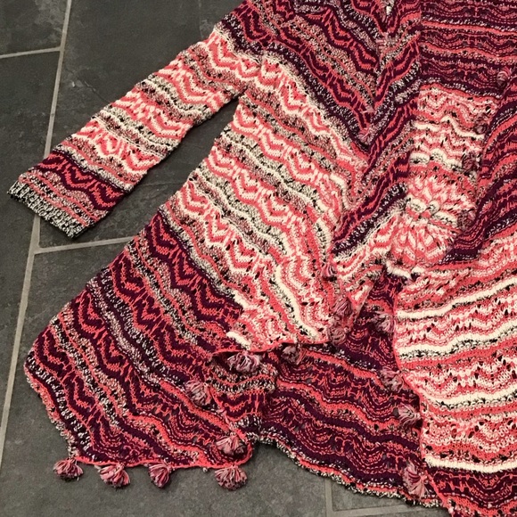 Moth Womens Crochet Cardigan Open Front Sweater Size M Fringe Stripes Poms Boho - Picture 10 of 15